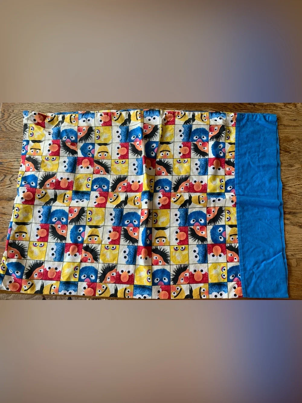 Colorful Sesame Street Character Pillowcase - Blue, Yellow, Red Grid Handmade